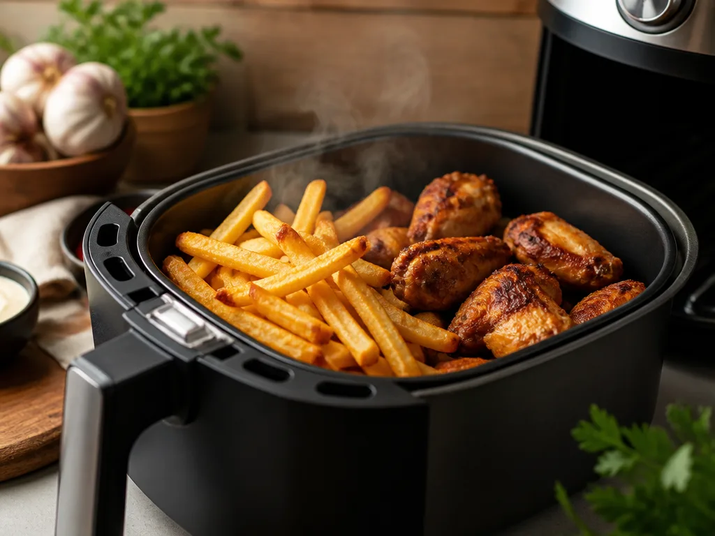 Krispiga pommes och kycklingvingar i en airfryer-korg på ett köksbänk med naturligt ljus