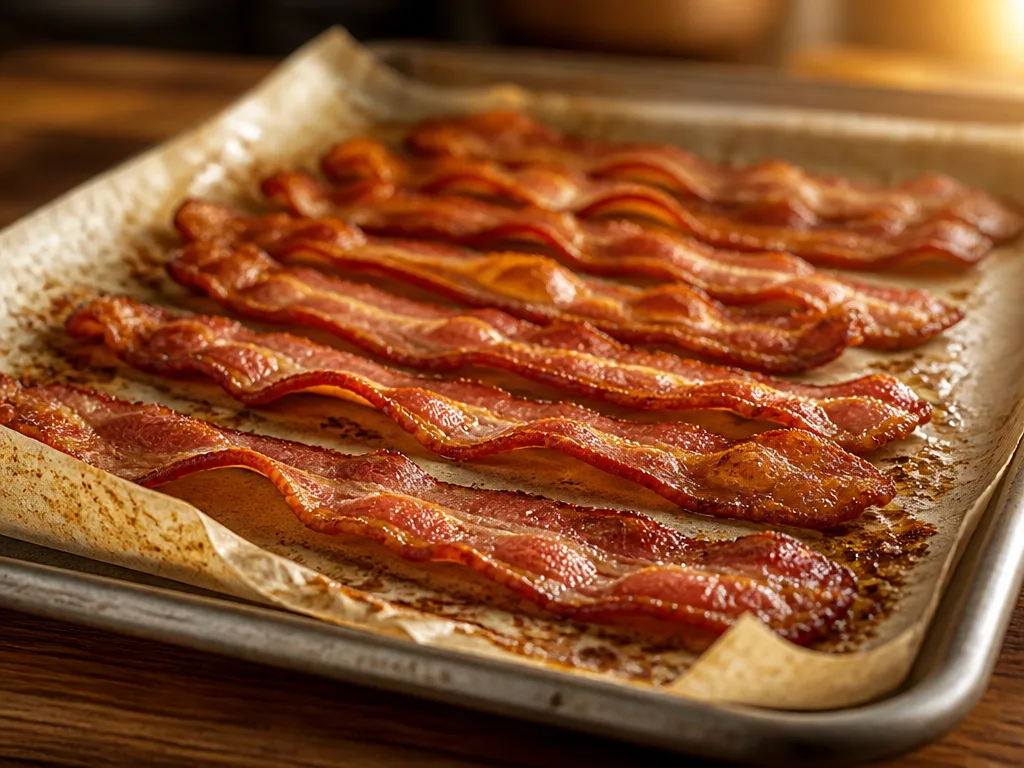 Krispiga baconskivor på en plåt med bakplåtspapper, nybakade i ugnen