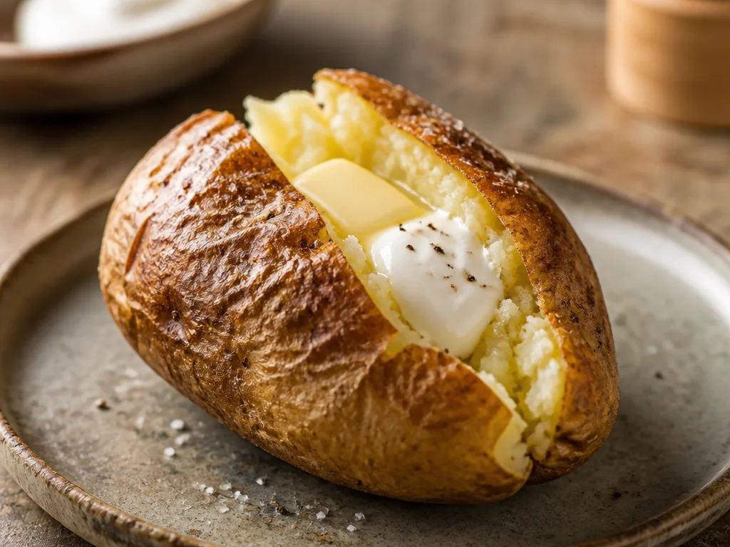 Bakad potatis i ugn med knaprigt skal, uppskuren och fylld med smör och gräddfil