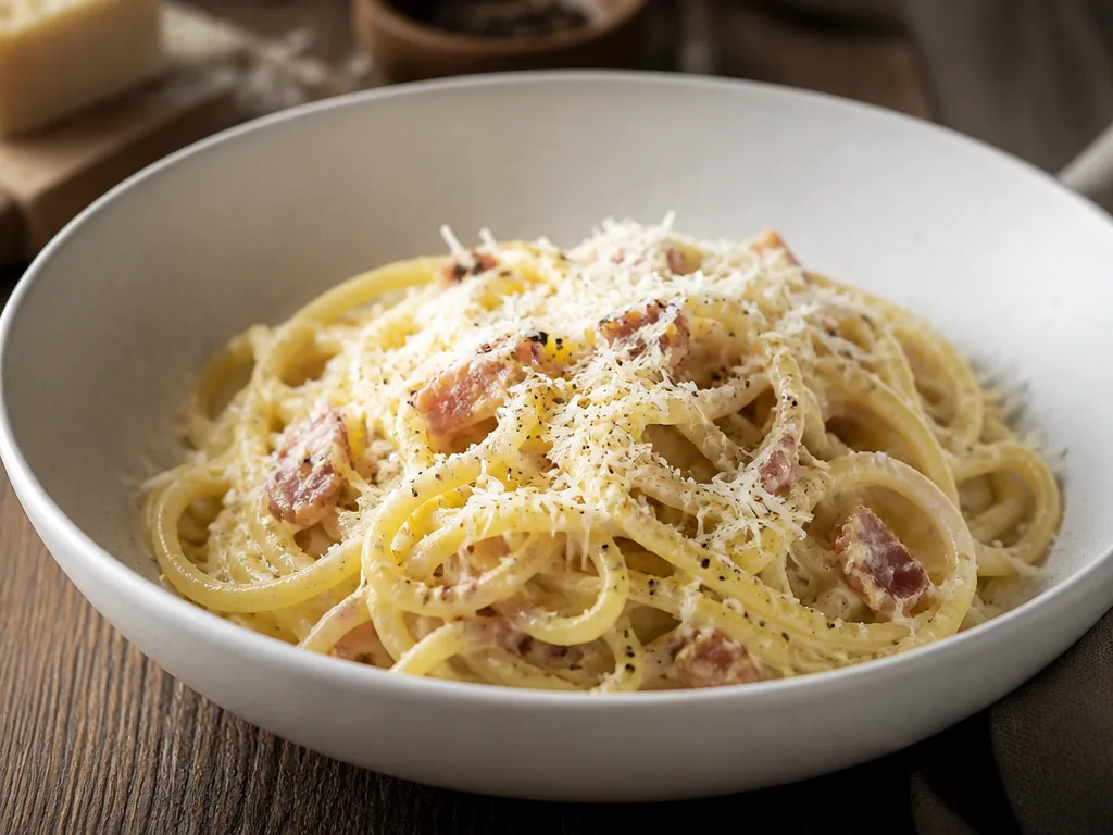Krämig spaghetti carbonara i vit keramikskål med riven ost och svartpeppar