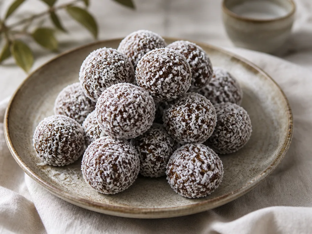 Hemgjorda chokladbollar rullade i kokosflingor på en keramikfat i naturligt sidoljus