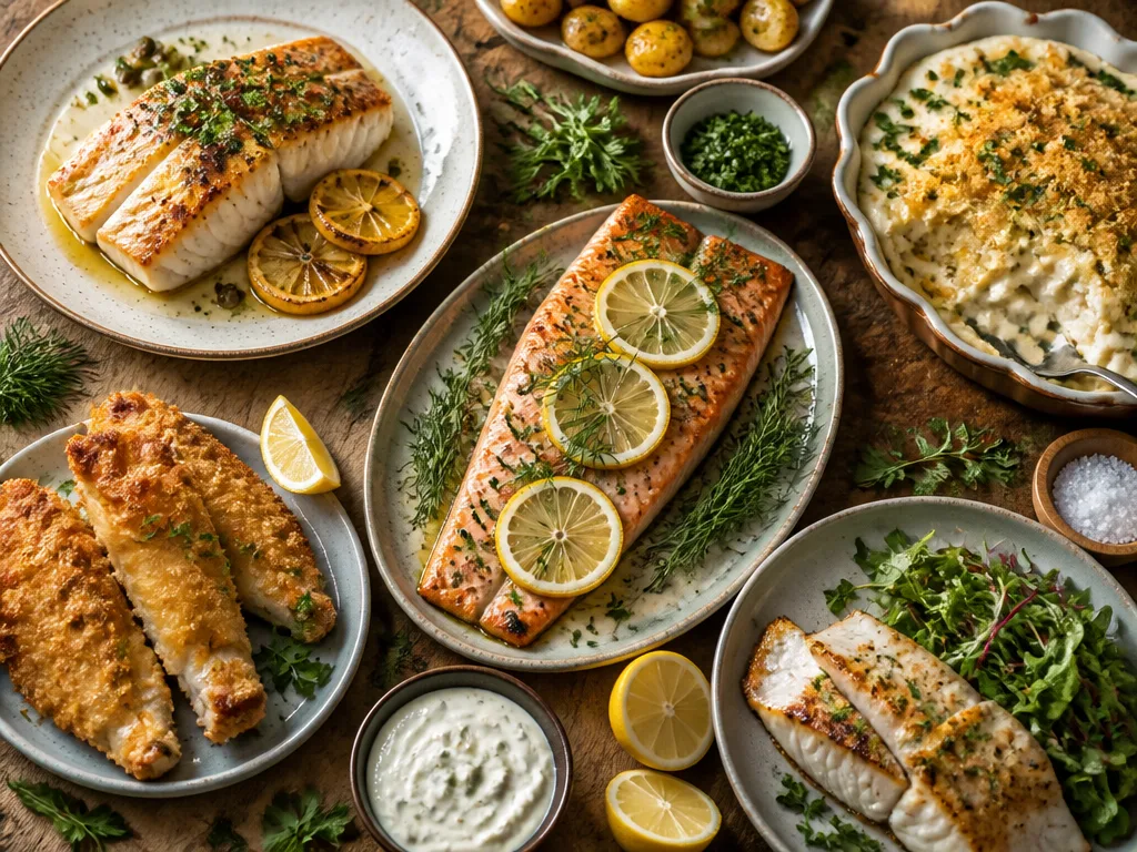 Uppdukat bord med olika fiskrätter: stekt vit fisk, ugnsbakad lax med citron, krämig fiskgratäng och panerad fisk, garnerat med färska örter och citronklyftor