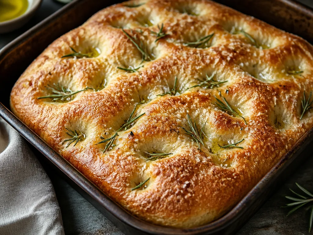 Nygräddad focaccia i ugnsform med rosmarin, fleur de sel och glänsande olivolja