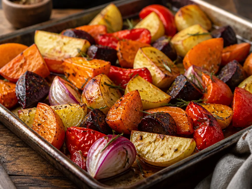 Ugnsrostade grönsaker med morötter, palsternacka och paprika på en plåt