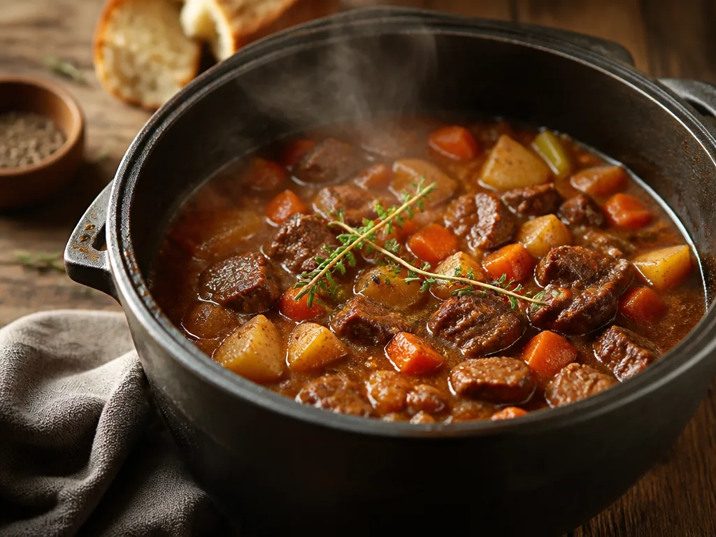 Gjutjärnsgryta med mustig köttgryta, morötter och lök på ett träbord, med ånga som stiger från grytan