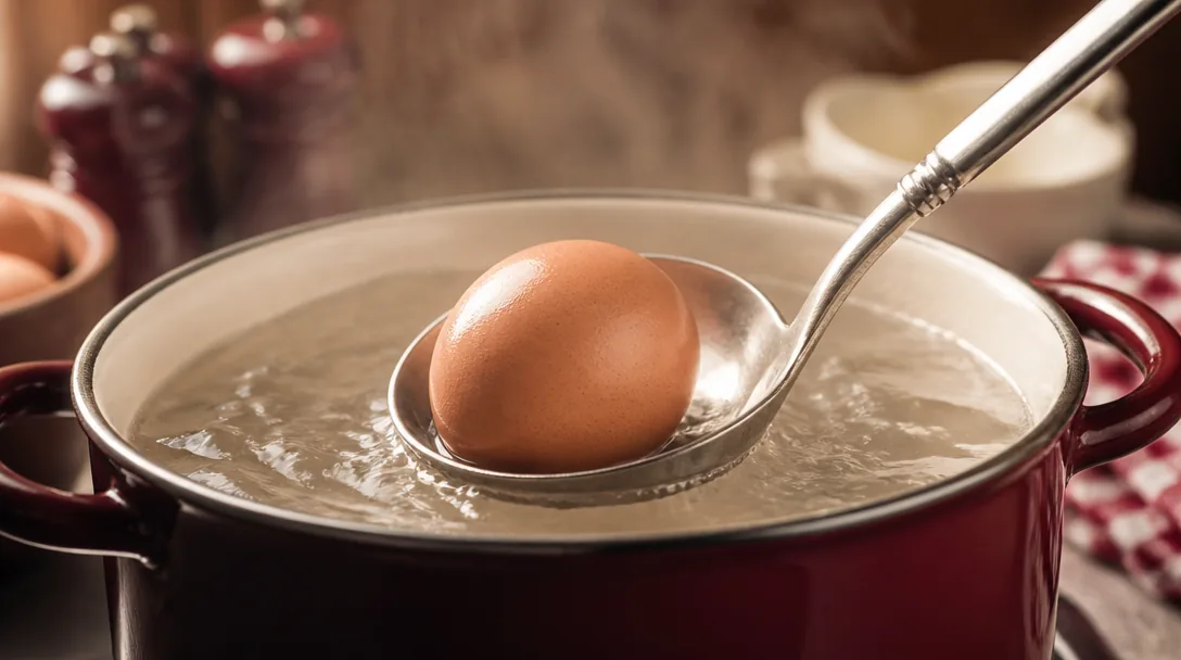 Färska kokta ägg i en skål, varmt crème-ljus och rustik bakgrund