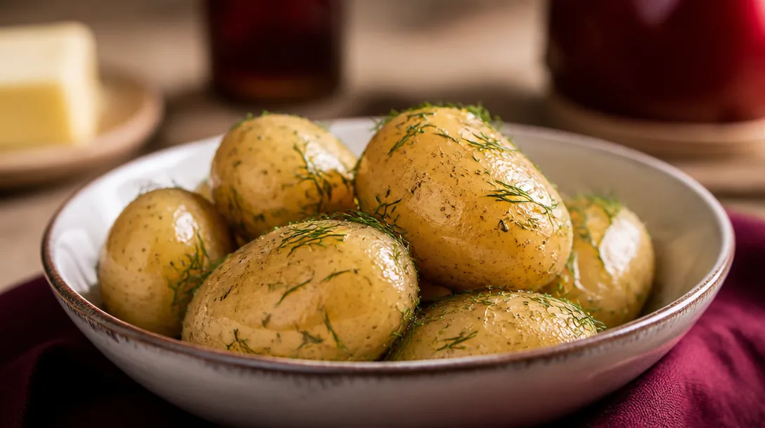 Potatis som sjuder i en kastrull med saltat vatten, ångor stiger upp