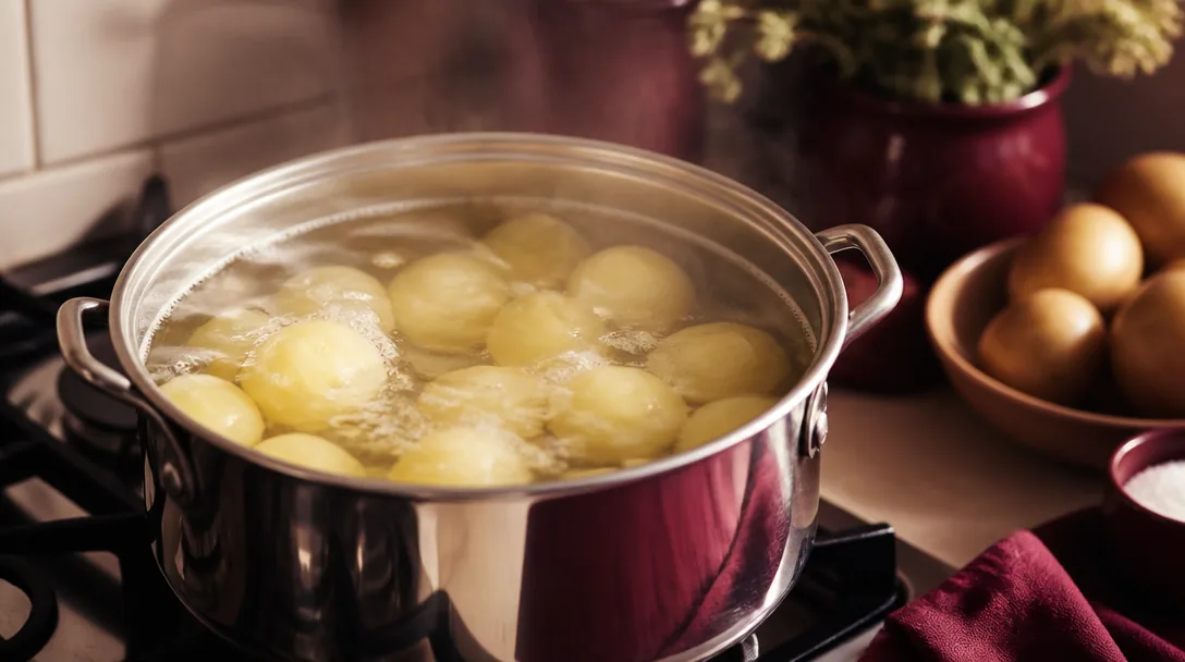Kokande potatis i en kastrull med ångande vatten, varmt gyllene ljus