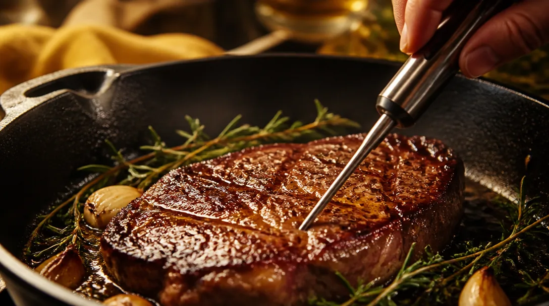Närbild på stektermometer som mäter ett stycke kött i en gjutjärnspanna med örter