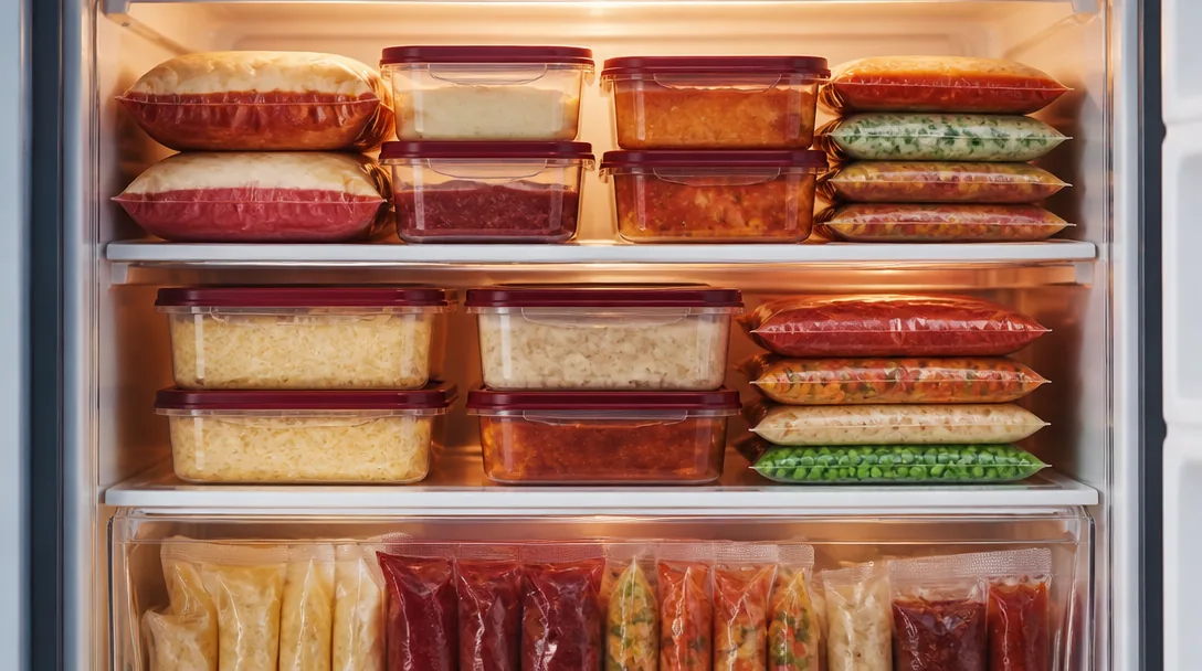 Välordnade fryspåsar och matlådor med matvaror i en öppen frys, aptitligt och välorganiserat