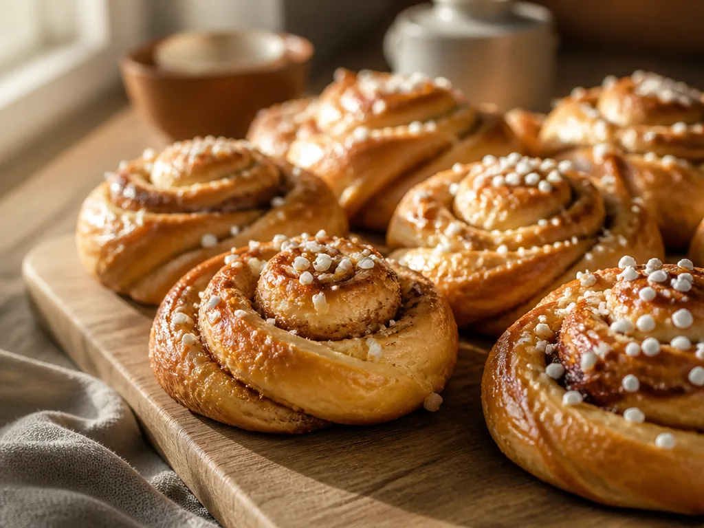 Nygräddade svenska kanelbullar med sockerpärlor på ett träskärbräde, naturligt fönsterljus