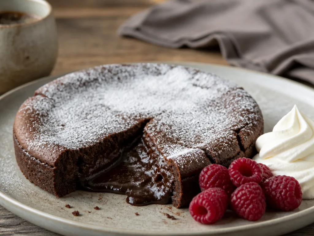 Kladdkaka med florsocker, kladdig chokladmitt och vispgrädde med hallon på sidan