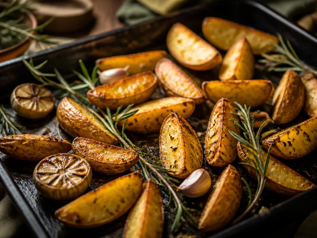 Krispiga gyllene klyftpotatis på en mörk plåt med rosmarin och vitlök