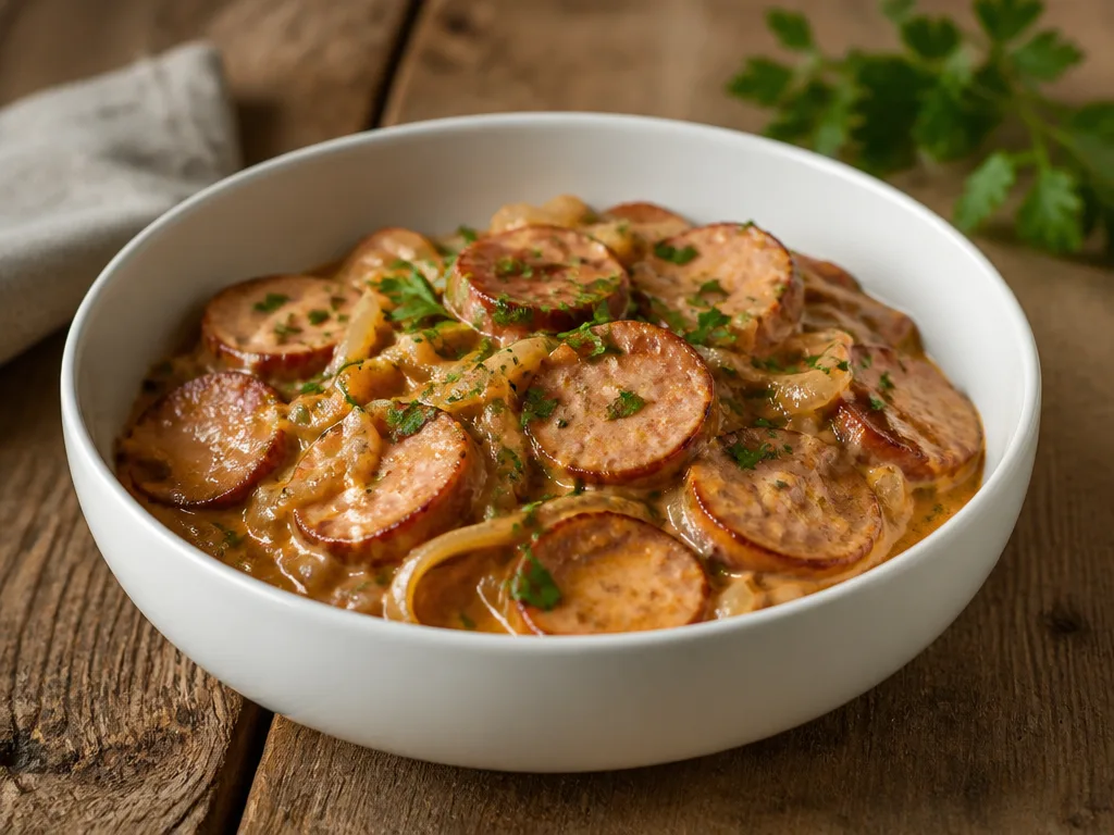 Korvstroganoff i vit keramikskål med krämig tomatsås, korvskivor och persilja