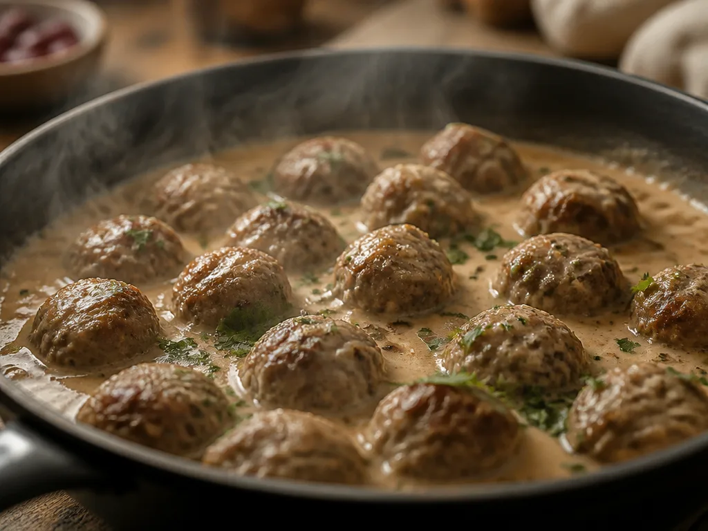 Köttbullarna puttrar färdigt i gräddsåsen