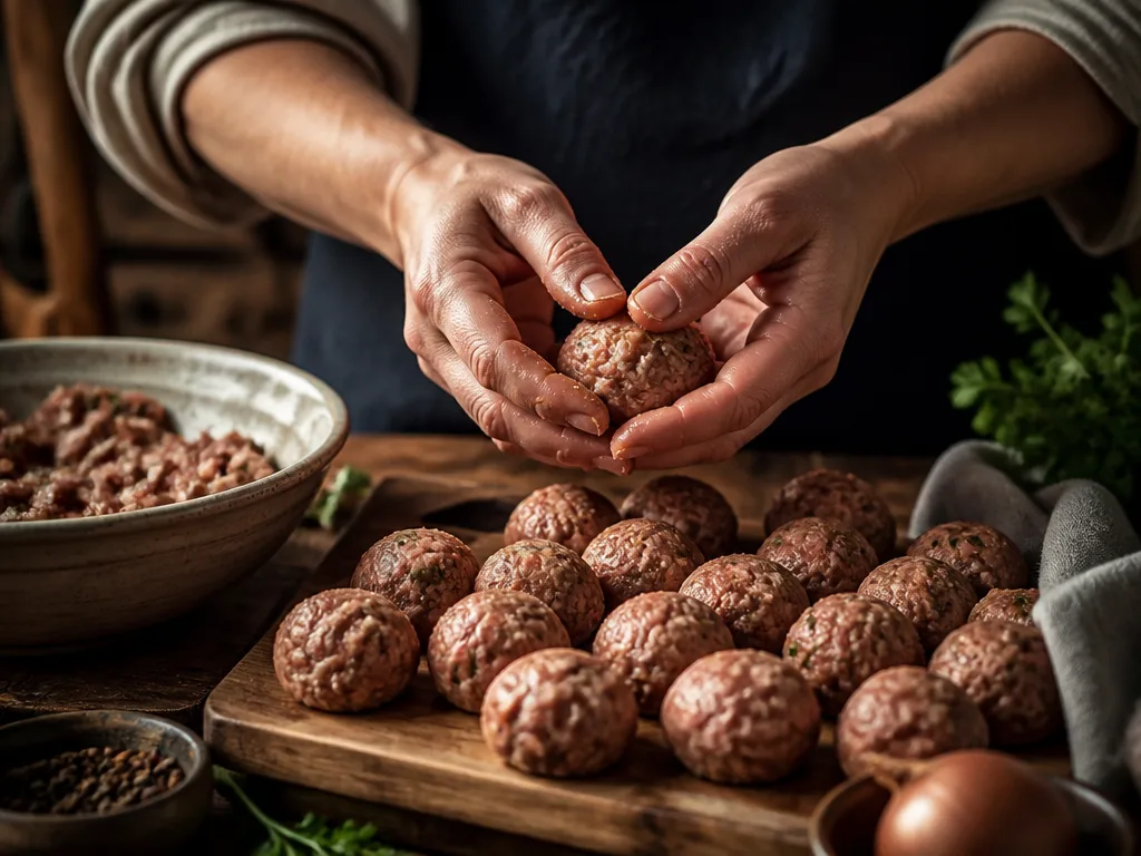Köttbullssmeten rullas till jämna bullar med fuktade händer