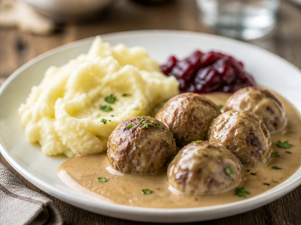 Klassiska svenska köttbullar i gräddsås serverade med potatismos och lingonsylt på en vit tallrik