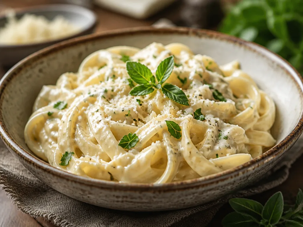 Krämig pasta med parmesan och färska örter i en rustik skål
