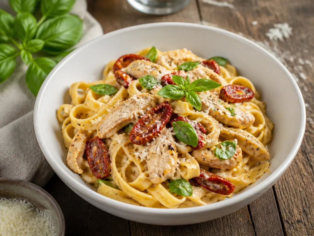 Krämig kycklingpasta med soltorkad tomat, riven parmesan och tagliatelle i en vit skål