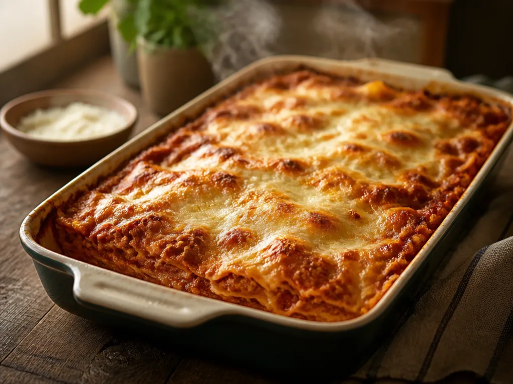 Klassisk lasagne nygräddat i ugnsfast form med gyllenbrun ostyta och synliga lager