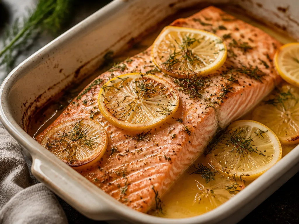 Ugnsbakad laxfilé med citronskivor, färsk dill och smält smör i en ugnsform
