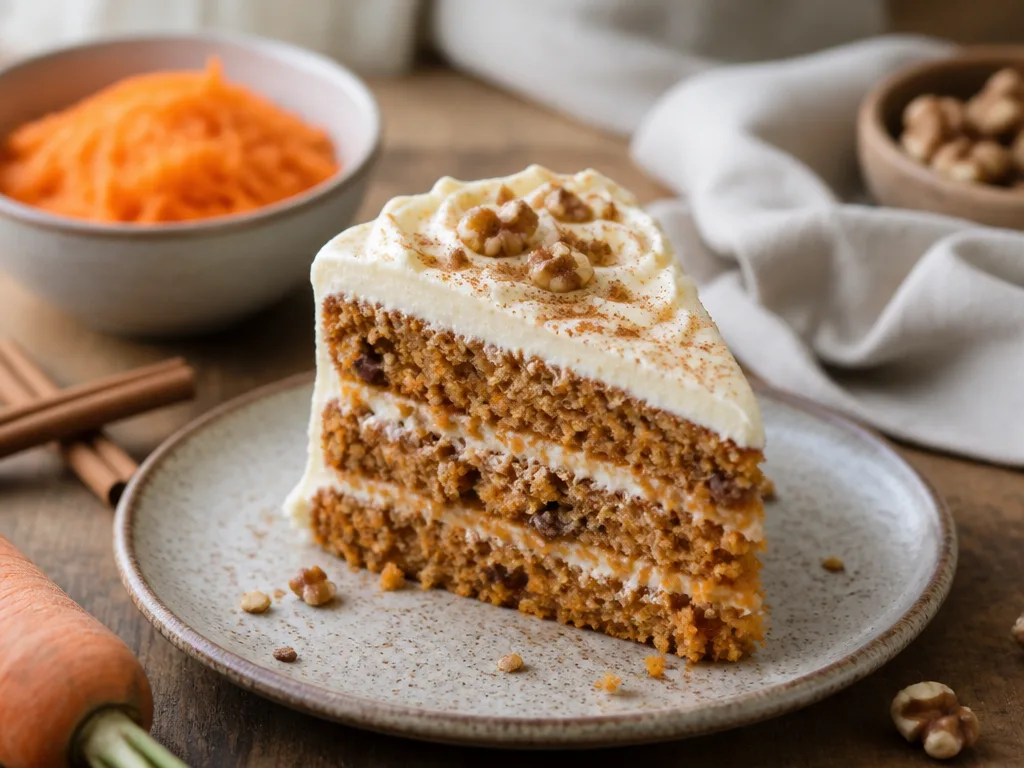 Saftig morotskaka med krämig färskostfrosting på keramikfat