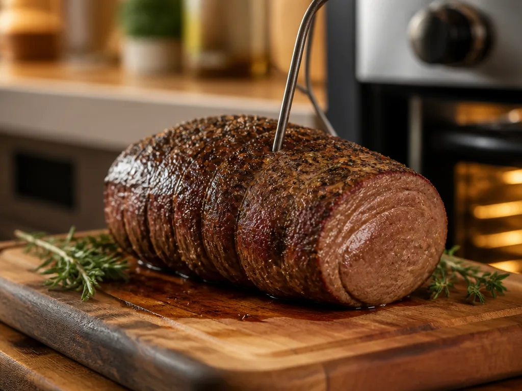 Helstekt oxfilé vilar på en skärbräda med en köttermometer instucken, ugnen syns i bakgrunden