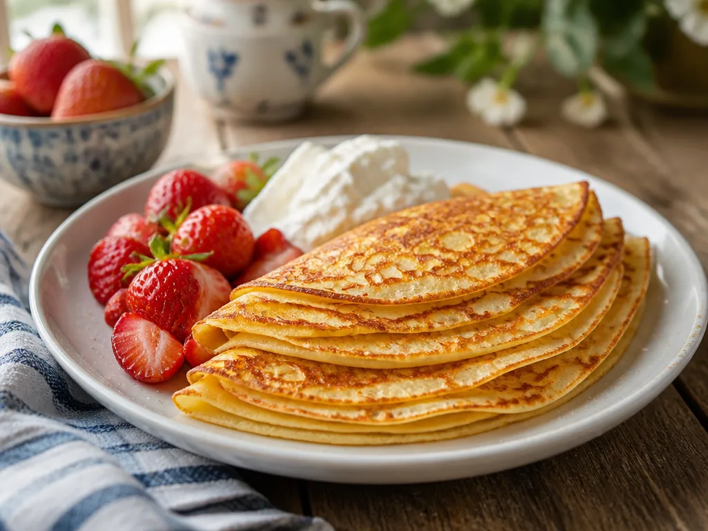 Tunna gyllene pannkakor staplade på vit tallrik med jordgubbar och vispgrädde vid sidan
