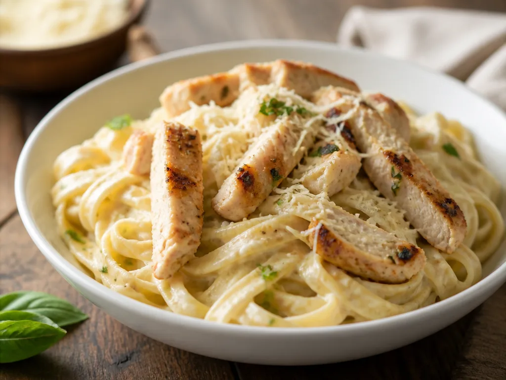 Krämig pasta alfredo med stekt kyckling och riven parmesan i en vit skål