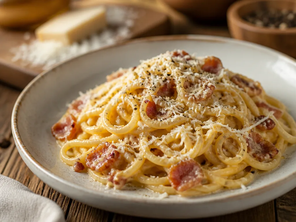 Krämig spaghetti carbonara med bacon, riven parmesan och nymalen svartpeppar på tallrik