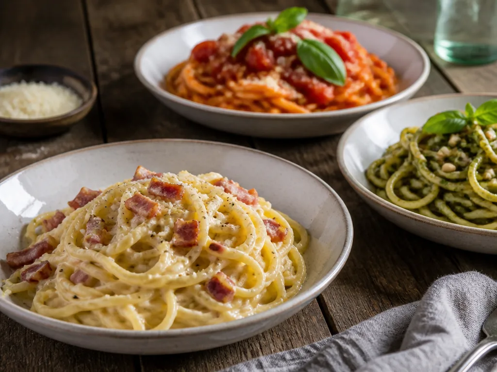 Flera skålar med olika pastarätter på ett rustikt träbord: krämig pasta med bacon, tomatsås med basilika och pesto