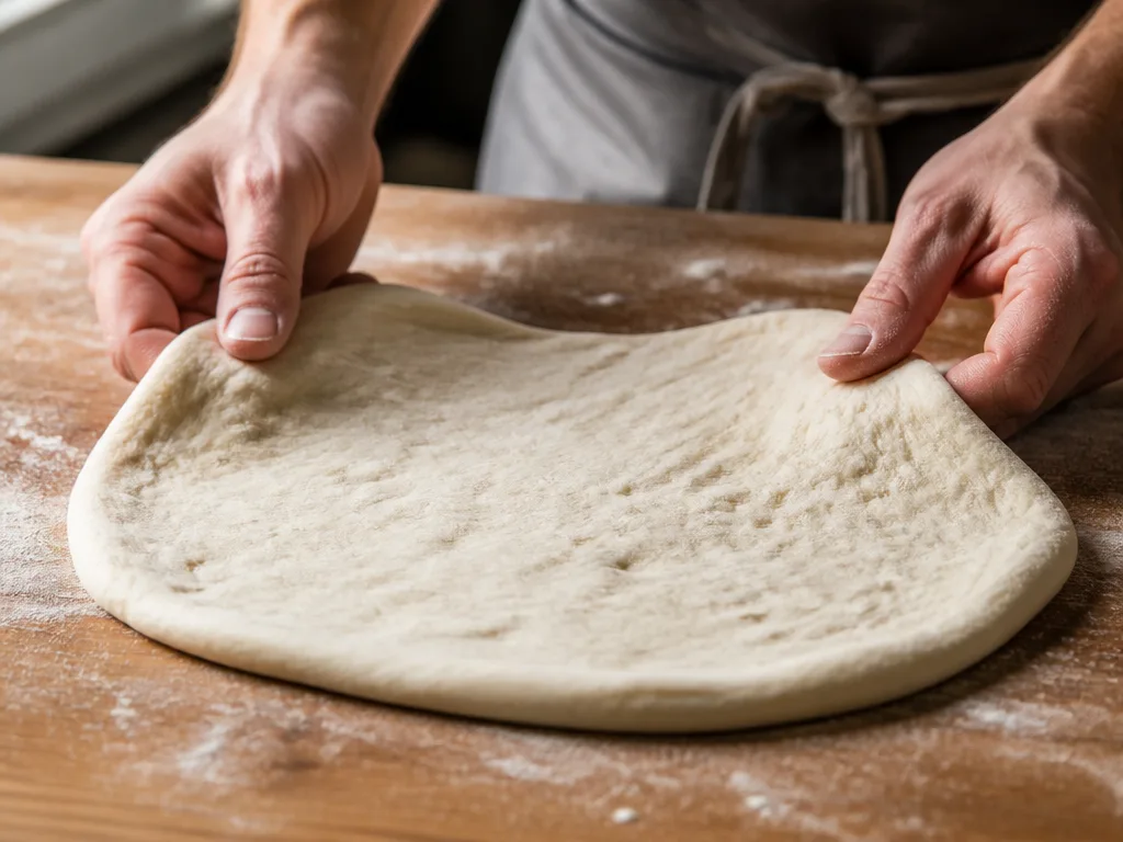 Hemmagjord pizzadeg som kavlas ut på ett mjölat träbord i naturligt ljus
