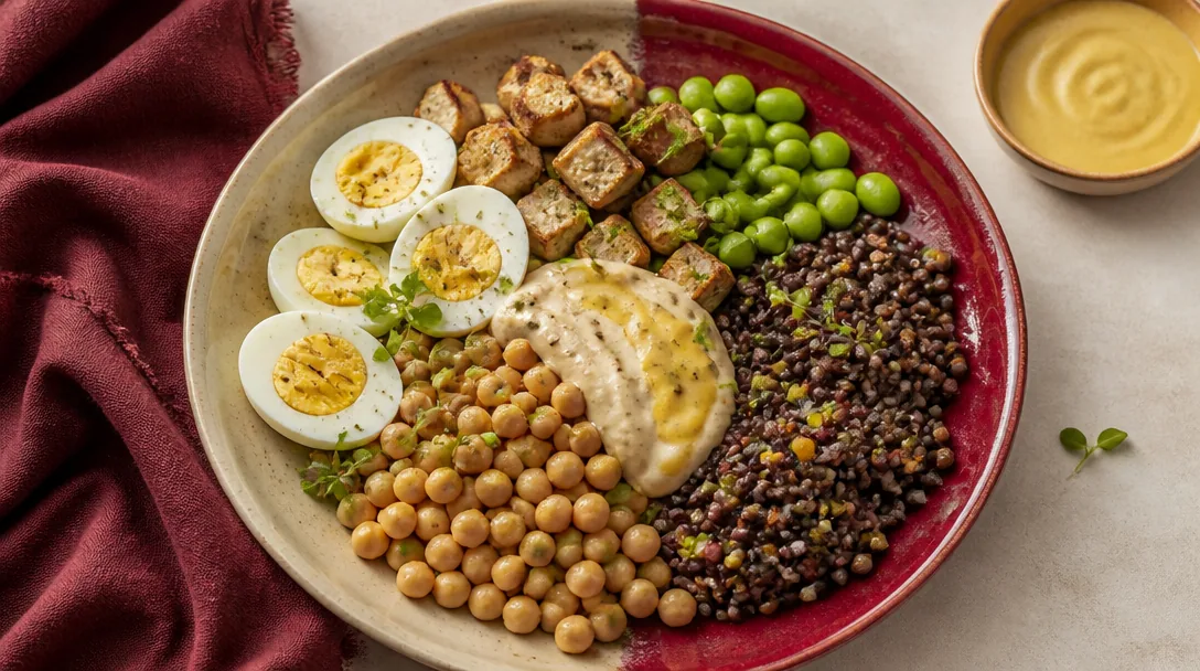 Aptitlig tallrik med proteinrik vegetarisk mat: linser, kikärtor, tofu och ägg i varmt crème och bordeaux ljus