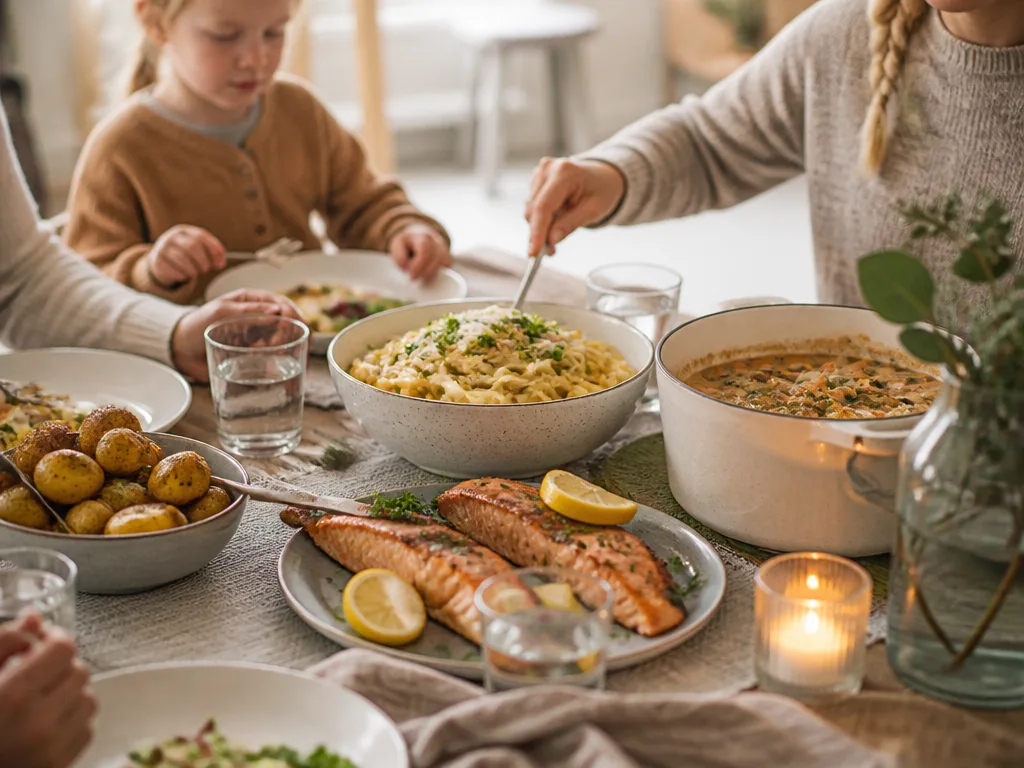 Dukat middagsbord med hemlagade vardagsrätter: krämig pasta, ugnsbakad lax med citron, kycklinggryta och rostad potatis