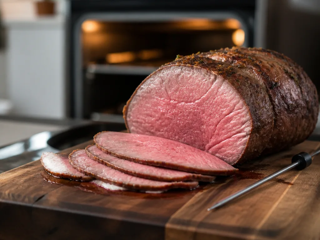 Skivad rostbiff vilar på en skärbräda med en köttermometer instucken, ugnen syns suddigt i bakgrunden