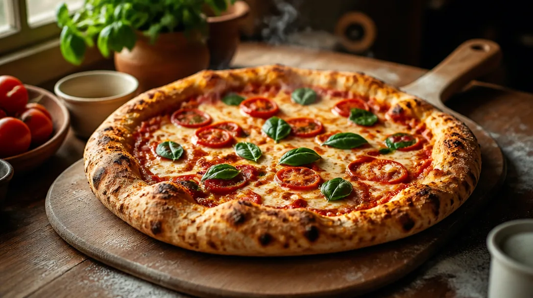 Hemlagad pizza med krispig, bubblig botten direkt från ugnen på pizzaspade