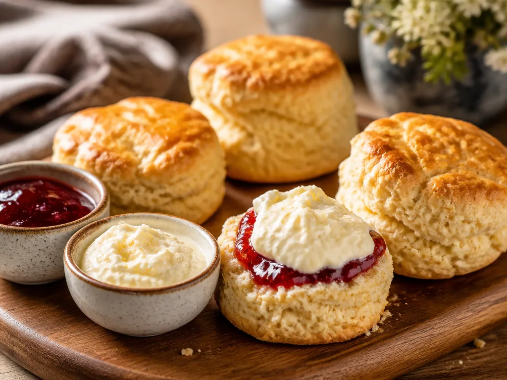 Nybakade scones på en träbricka med clotted cream och jordgubbssylt i keramikskålar