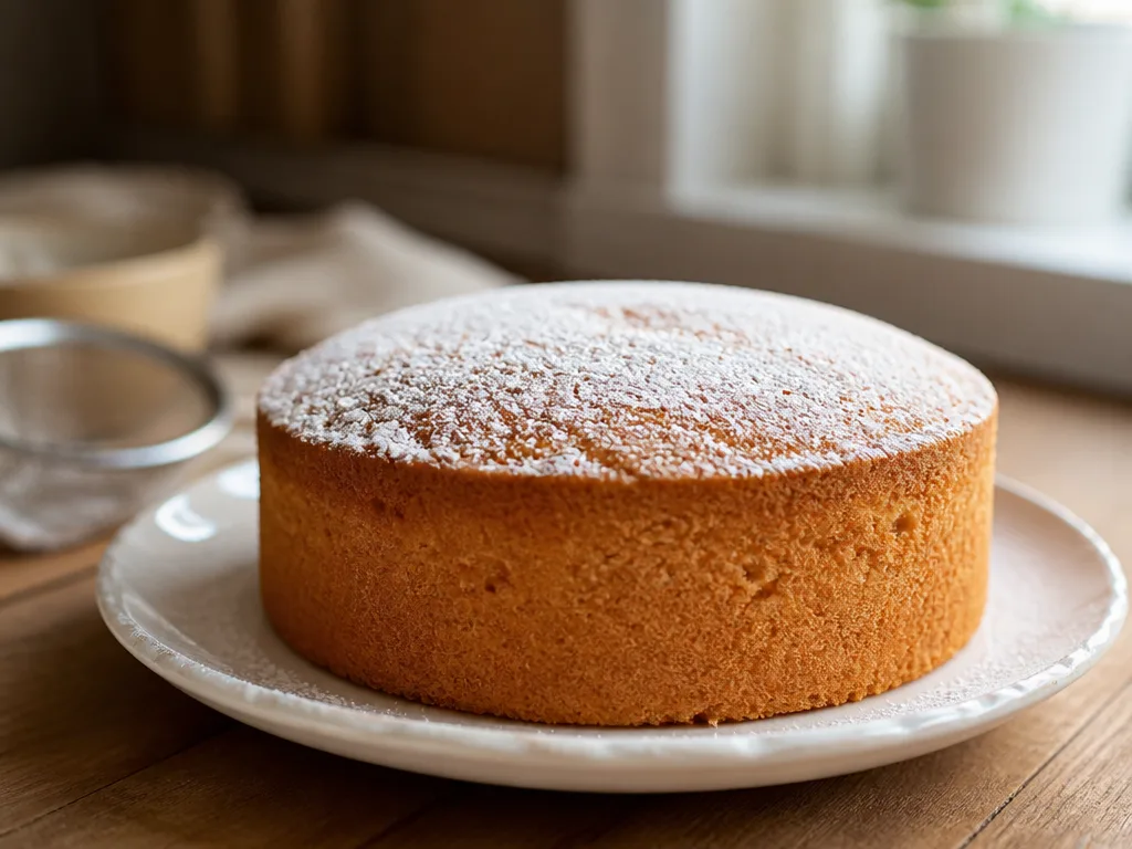 Klassisk sockerkaka på vit keramikfat med florsocker och mjukt fönsterljus