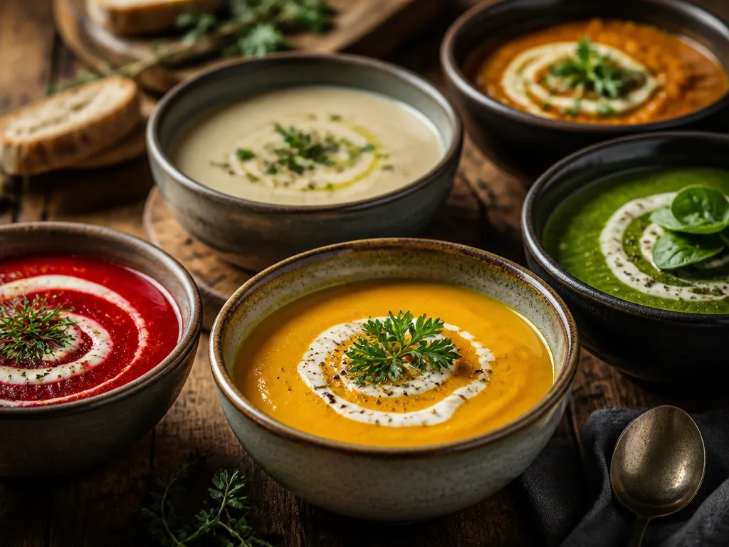 Flera skålar med olika soppor på ett köksbord, garnerade med grönt och en klick crème fraiche