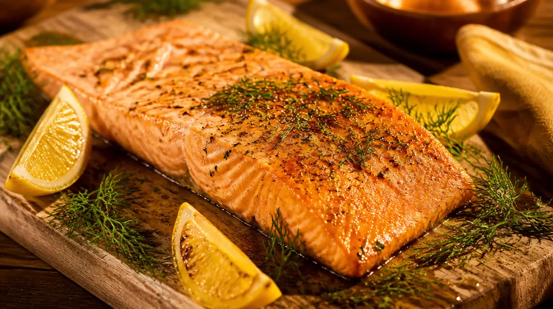 Gyllene laxfilé ur ugnen med citron och örter på ett rustikt träbord