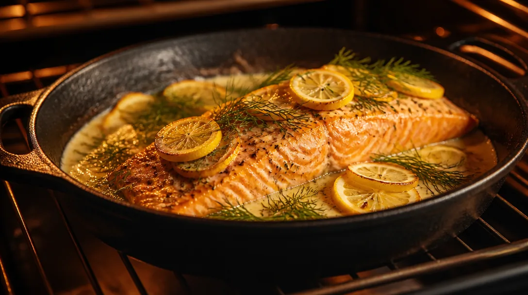 Laxfilé i en ugnsform med citronskivor och dill, varm belysning