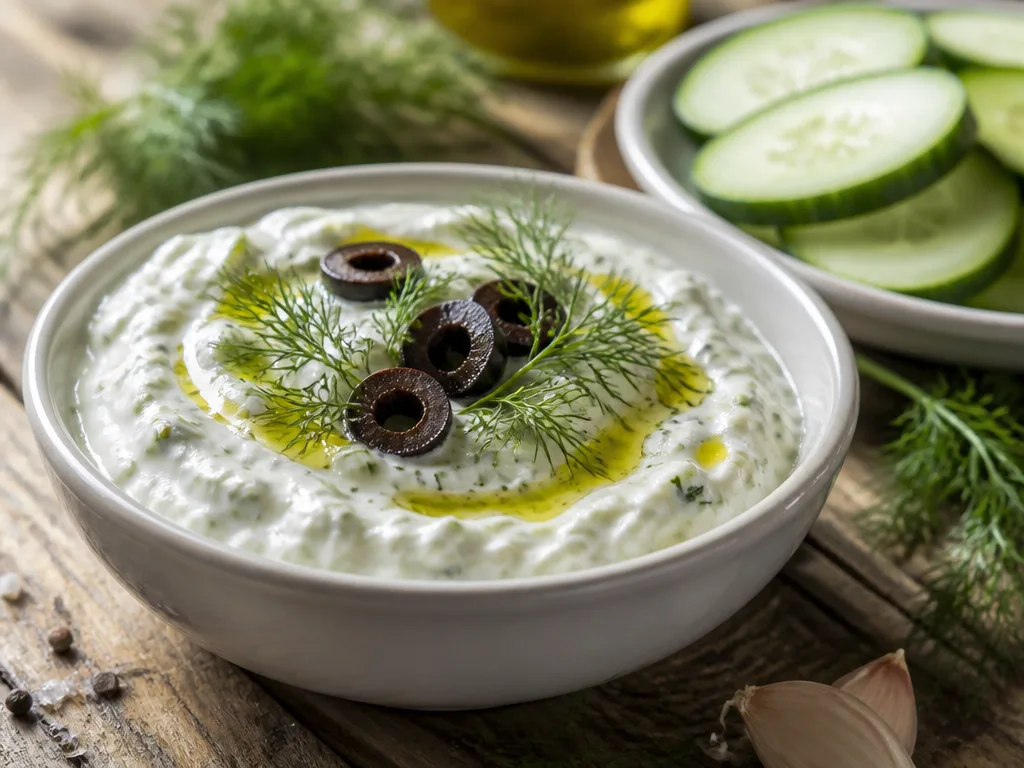 Krämig tzatziki i vit keramikskål med olivolja, svart oliv och dill