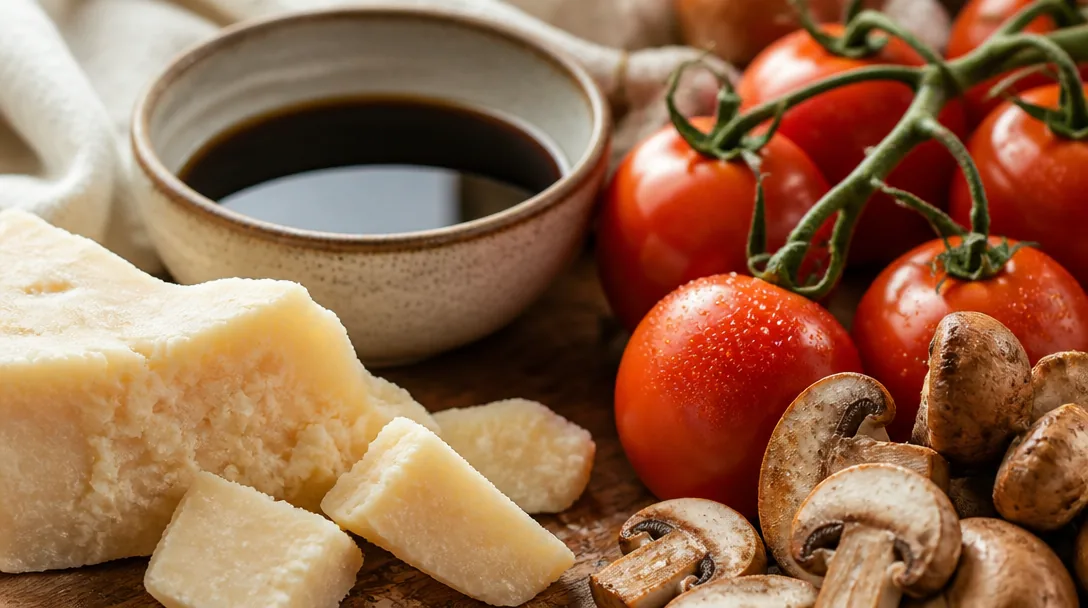 Närbild på parmesan, soja, tomater och svamp – råvaror rika på umami i varmt ljus