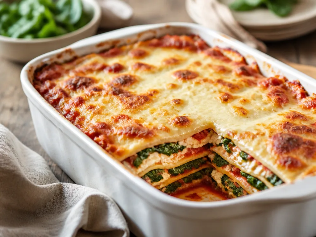 Vegetarisk lasagne i vit keramikform med gyllenbrun ostyta och synliga lager av spenat och tomatsås